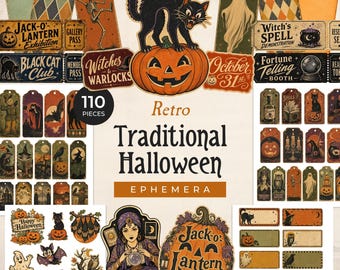 Retro Halloween Ephemera Kit, Printable Labels with Monsters for Scrapbooking, Spooky Junk Journal Inserts & Pumpkin Vintage Tags JJ007