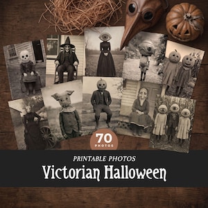 Peut inclure: Une collection de 70 photos imprimables présentant des personnages surréalistes de l'époque victorienne en sépia avec des masques de citrouilles, de crânes, d'yeux et d'animaux. L'ensemble inclut un masque de médecin de peste et une citrouille.