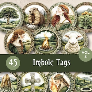 Etiquetas redondas de Imbolc, decoración imprimible para altar de Sabbat celta, etiquetas verdes para regalo wiccan, efímera pagana del círculo de Brigid, set de scrapbooking de brujas