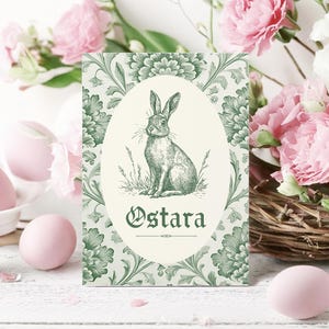 May include: A green and white card with a floral pattern and a rabbit illustration. The card says "Ostara" in a decorative font.