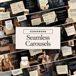 Może przedstawiać: Projekt w stylu scrapbook z tekstem "SCRAPBOOK Seamless Carousels" w eleganckiej czcionce. Obraz to kolaż ręcznie pisanych notatek, ilustracji i zdjęć, tworzący estetykę vintage.