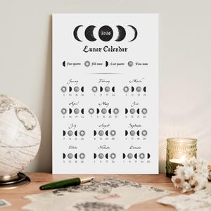 Calendário de fases lunares 2026, calendário lunar para impressão, impressão do ciclo lunar anual de uma página, pôster astrológico de mapa lunar gótico em preto e branco