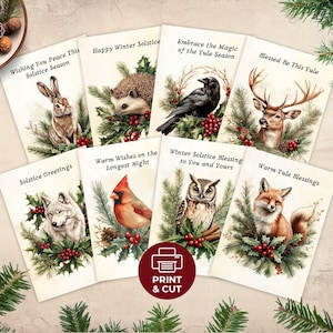 Juego de tarjetas de solsticio de invierno, paquete de tarjetas de Yule con animales del bosque para imprimir, postales paganas de Navidad con temática de bosques, saludos de temporada navideña