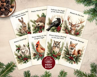 Winter Solstice Card Set, Printable Forest Animal Yule Card Pack, Pagan Christmas Holiday Woodland Postcards, Yuletide Season Greetings