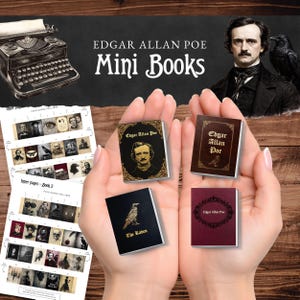 May include: Four miniature books themed around Edgar Allan Poe, featuring covers with gold and white text and illustrations of Poe and a raven. The set includes two printable sheets with inner page designs, a typewriter graphic, and a portrait of Poe.
