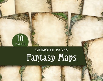 Fantasy Map Borders Junk Journal Paper, Green Witch Blank Grimoire Pages, Medieval Landscape Printable Ephemera, Digital Scrapbooking Kit