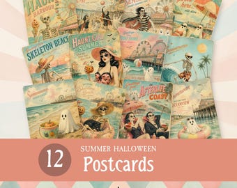 Summer Halloween Retro Postcards, Spooky Beach Printable Scrapbooking Cards, Summerween Vintage Ghosts Ephemera & Junk Journal Inserts JJ006
