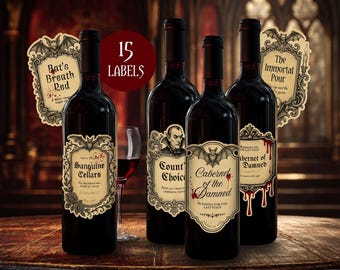 May include: Four dark glass wine bottles featuring decorative labels with gothic illustrations of bats, a vampire, and blood splatters. The labels include text such as Sanguine Cellars, Count's Choice, and Cabernet of the Damned. A red circle states 15 LABELS.