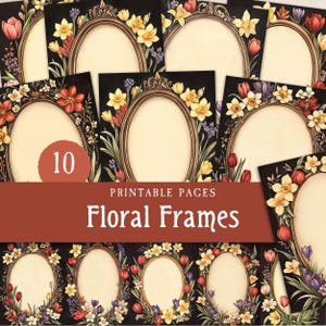 Journal indésirable à cadre floral orné, bordure baroque de fleurs de jardin printanier, ensemble de pages imprimables du grimoire d'Ostara, paquet de papier numérique pour scrapbooking