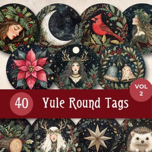 Runda juletiketter, utskrivbara julgransprydnader för vintersolståndet, häxiga wicca-julspöken, hedniska julskräpdagböcker med scrapbooking-set