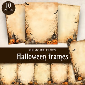 May include: Ten printable Halloween themed pages with a vintage aesthetic. Each page features a border of bats, pumpkins, and a spooky house. The pages are perfect for scrapbooking, card making, or adding a spooky touch to your projects.