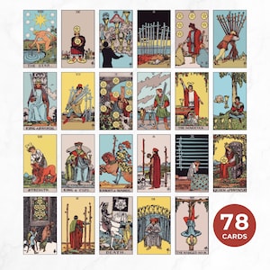 May include: A set of 78 tarot cards with colorful illustrations and text. The cards are arranged in a grid pattern on a white background. The cards feature images of stars, swords, cups, wands, pentacles, and other symbols.
