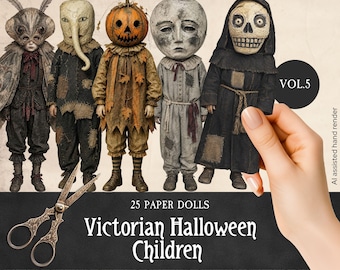 Creepy Children in Costumes Paper Dolls VOL5, Printable Victorian Halloween Fussy Cuts, Weird & Unique Ephemera, Surreal People Scrapbooking