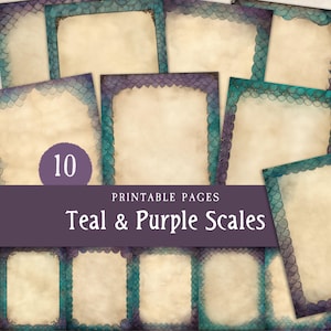 Bordures d'écailles de sirène violet et bleu sarcelle, Pages vierges de grimoire de sorcière des mers, papier de scrapbooking numérique fantaisie imprimable, journal de peau de dragon de peau de dragon