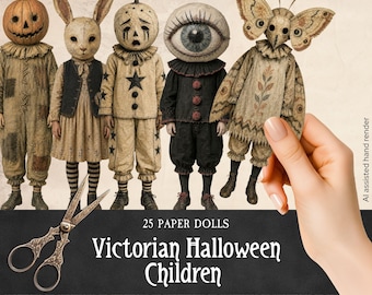 Creepy Children in Costumes Paper Dolls, Printable Victorian Halloween Fussy Cuts, Weird & Unique Ephemera, Surreal People Scrapbooking