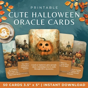 Baraja de oráculo de Halloween, cartas imprimibles con calabazas, esqueletos y fantasmas adorables y espeluznantes, cartas de oráculo de otoño, herramienta de adivinación para el otoño