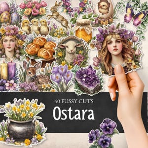 May include: A collection of 40 fussy cut stickers with an Ostara theme. The stickers feature illustrations of spring elements, including flowers, bunnies, chicks, a lamb, and a woman with a flower crown. The color palette includes pastels and vibrant hues.