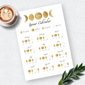 Calendario lunar 2025 en PDF, calendario de fases lunares 2025 imprimible, impresión minimalista de una página del ciclo lunar anual, póster astrológico con gráfico lunar dorado