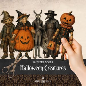 May include: A collection of 40 paper dolls featuring Halloween creatures including a scarecrow, a witch, a rabbit-like figure, a plague doctor, and a pumpkin-headed character. The set includes ornate metal scissors and the text 40 PAPER DOLLS Halloween Creatures.