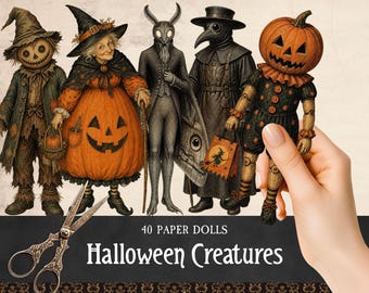 Creepy Halloween Creatures Paper Dolls, Printable Spooky Characters Fussy Cuts, Weird Folklore Ephemera, Horror Monsters Scrapbooking Kit