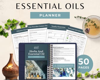 Planejador de Ervas e Óleos Essenciais, Diário Holístico de Aromaterapia Imprimível, Páginas de Perfil de Segurança de Ervas e Folhas de Receitas de Misturas, Modelo do Canva
