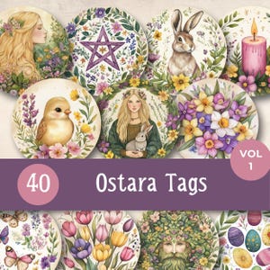 Ostara runda etiketter, utskrivbara vårwiccan altardekorationer, hedniska påskpresentetiketter, sabbatwiccan skräpjournal, häxcirkel-ephemera