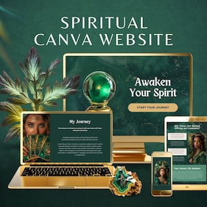 Sitio web espiritual de Canva, plantilla de sitio web verde y dorado para negocios místicos, lector de tarot, página de destino editable de Canva, sanador y entrenador
