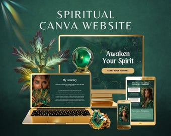 Spiritual Canva Website, Green and Gold Website Template for Mystical Business, Tarot Reader Editable Canva Web, Healer & Coach Landing Page