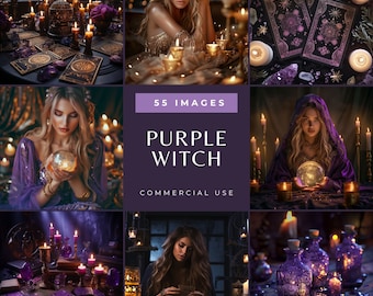 Psychic Woman Stock Images, Purple Mystical Witch with Crystals & Candles, Spiritual Tarot Reading Photos, Magical Ritual and Witchy Altar