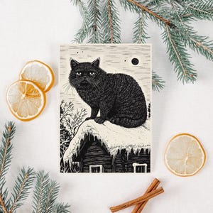 Tarjeta navideña imprimible con gato de Yule, impresión de monstruo pagano del folclore islandés, postal de animales del solsticio de invierno, tarjeta de felicitación navideña alternativa