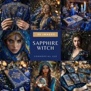 Photos de Femme mystique, images de lecture de tarot bleu et or, Autel de sorcière mystique avec cristaux et bougies, Journal spirituel de sorcière