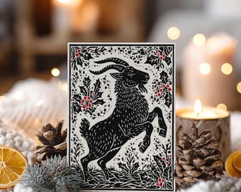 Biglietto di auguri natalizio con capra di Yule, auguri di Natale pagani stampabili, stampa del solstizio d'inverno e del folklore scandinavo, cartoline di Natale alternative