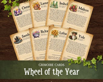 Wheel of the Year Grimoire Pages, Printable Sabbat Index Cards, Wiccan Junk Journal Inserts, Witchcraft Reference Sheets for Pagan BOS