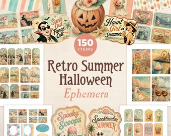 Summer Halloween Ephemera Kit, Spooky Beach Printable Scrapbooking Cards, Summerween Junk Journal Inserts & Vintage Tags with Ghosts JJ006