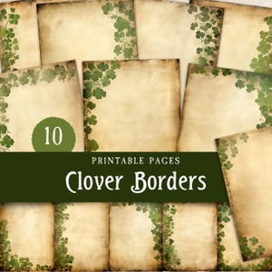 Bordures de journal indésirable trèfle vert, St Patricks Shamrock Pages, papier grimoire imprimable vierge folklore irlandais, pack de scrapbooking numérique