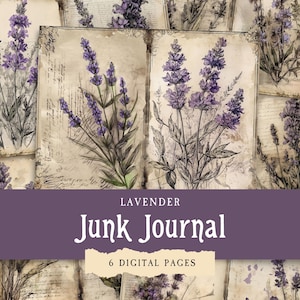 Puede incluir: Páginas de diario digital con ilustraciones de lavanda. Las páginas tienen una estética vintage con un tono sepia y detalles de escritura a mano. El texto de la imagen dice "LAVENDER Junk Journal 6 DIGITAL PAGES."
