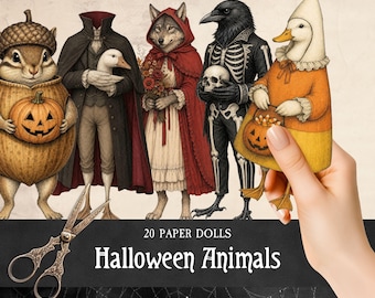 Halloween Animals in Costumes Paper Dolls, Printable Anthropomorphic Characters Fussy Cuts, Fantasy & Fairytale Ephemera for Scrapbooking