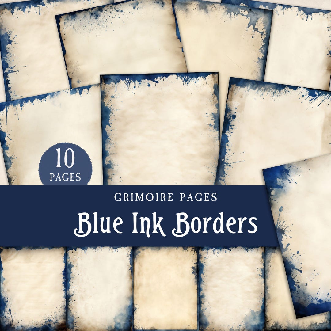 Blue Ink Border Junk Journal, Empty Grimoire Pages With Royal Blue ...