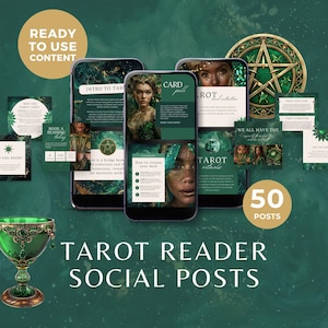 Publications Instagram de lecteur de tarot, flux Facebook de lecture de tarot vert et or, contenu de médias sociaux pour une entreprise spirituelle, modèle portrait canva