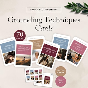 May include: A collection of 70 grounding techniques cards for somatic therapy. The cards feature various exercises, including guided imagery, breathing techniques, and visualization. The cards have a white background with images and text.
