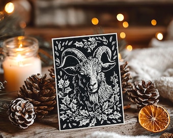 Biglietto di auguri natalizio con capra di Yule, auguri di Natale pagani stampabili, stampa del solstizio d'inverno e del folklore scandinavo, cartoline di Natale alternative