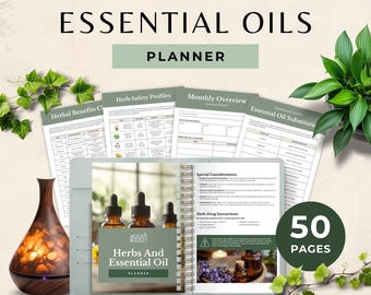 Planejador de Ervas e Óleos Essenciais, Diário Holístico de Aromaterapia Imprimível, Páginas de Perfil de Segurança de Ervas e Folhas de Receitas de Misturas, Modelo do Canva