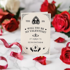 Cartão postal assustador de São Valentim, cartão de felicitações para tabuleiro Ouija para impressão para ele, impressão alternativa de Valloween gótica, presente de aniversário exclusivo para casais