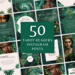 Ritratto di un lettore di tarocchi su Instagram, feed di Facebook per la lettura dei tarocchi verdi e oro, contenuti per i social media per attività spirituali, modello Canva