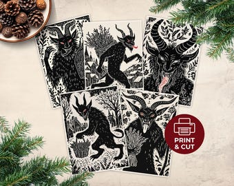 Tarjetas navideñas de Krampus, tarjetas de felicitación navideñas paganas imprimibles, impresión de criaturas folclóricas del solsticio de invierno, postales navideñas alternativas