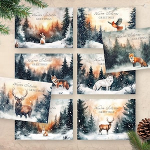Lot de cartes Solstice d'hiver, lot de cartes de Noël à imprimer animaux de la forêt, 8 cartes postales païennes de Noël dans les bois, voeux de Noël