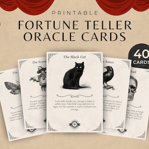 Puede incluir: Cartas de oráculo de adivinación imprimibles con ilustraciones de una polilla, un espantapájaros, un gato negro, un cuervo y una calavera. Las cartas tienen bordes decorativos e incluyen el texto "The Black Cat" y "40 Cartas".
