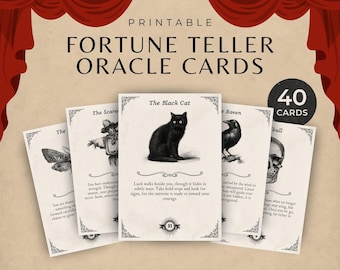 May include: Printable fortune teller oracle cards featuring illustrations of a moth, scarecrow, black cat, raven, and skull. The cards have decorative borders and include the text "The Black Cat" and "40 Cards". The background is a cream color.