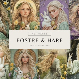 May include: A digital art collage featuring a woman with long blonde hair and a white rabbit. The woman is wearing a green dress and is surrounded by flowers and eggs. The text "45 IMAGES" and "EOSTRE & HARE" is displayed in the center of the image. The text "COMMERCIAL USE" is displayed below the title.