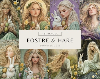 Ostara Sabbat Images, Goddess Eostre & Hare Printable Scrapbooking Kit, Pagan Easter Mythology Junk Journal Set, Wiccan Digital Paper JPG